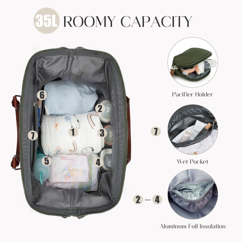 printe 6pcs Large Diaper Bag Tote with Changing Pad & 2 Organized Pouches, Mom's Bag for Hospital with Pacifier Case, Straps, Stroller Hook, Baby Diaper Bag for Weekender Travel, Olive Green - Image 4