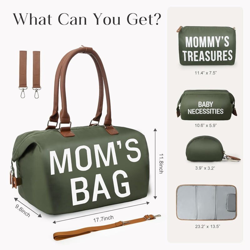 printe 6pcs Large Diaper Bag Tote with Changing Pad & 2 Organized Pouches, Mom's Bag for Hospital with Pacifier Case, Straps, Stroller Hook, Baby Diaper Bag for Weekender Travel, Olive Green - Image 3