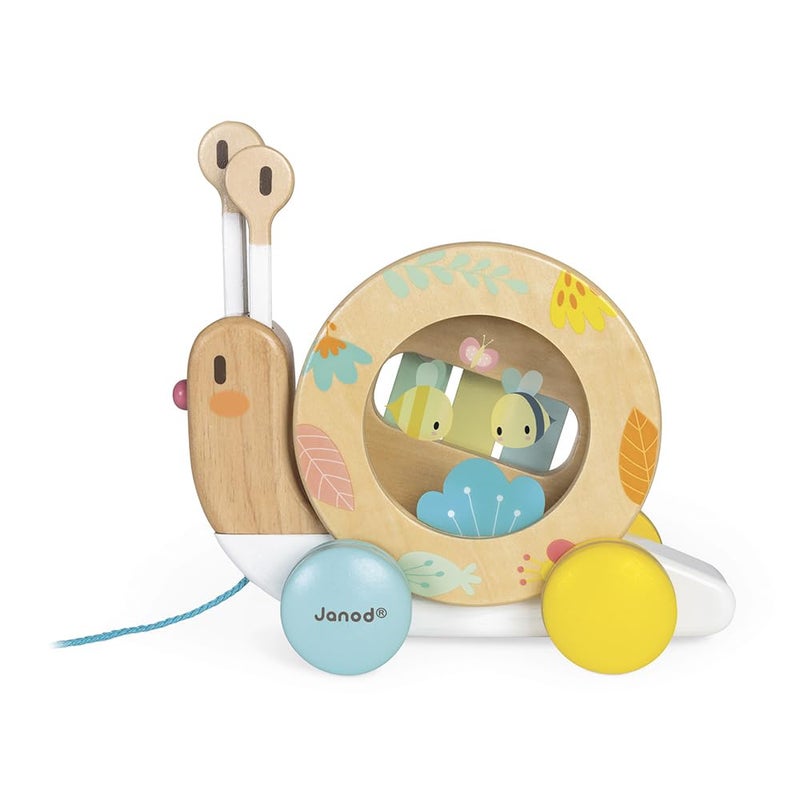 Janod Pure Pull Along Snail - Wooden 2-in1 Musical Toy - Ages 1+ - J05159 - Image 1