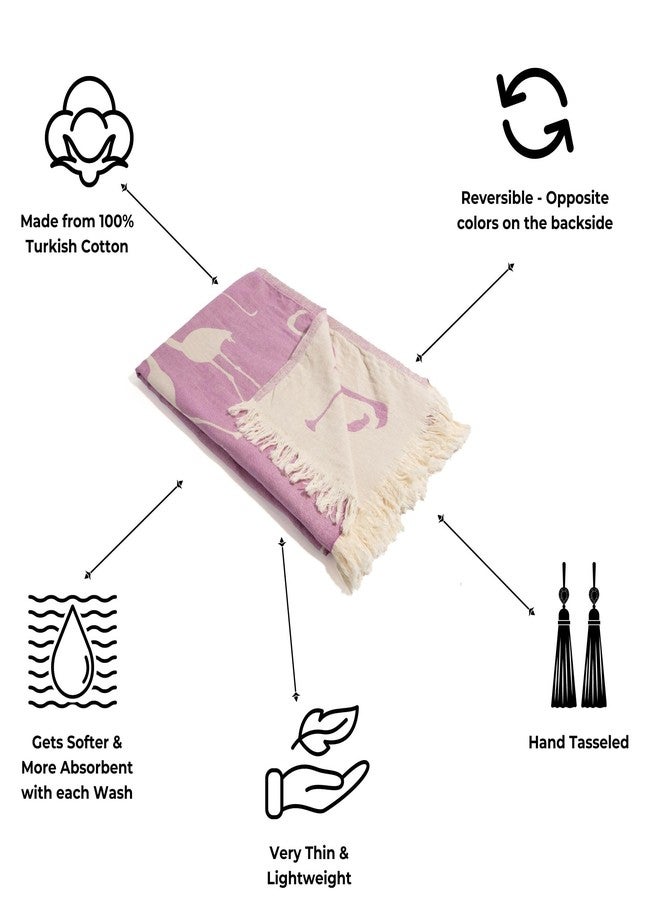 InfuseZen Turkish Bath & Beach Towel - Reversible Flamingo Print - Turkish Cotton - Soft, Lightweight, Absorbent Peshtemal, Quick Dry, Sand Free - for Pool, Gym, Throw, Travel - Lilac - Image 2