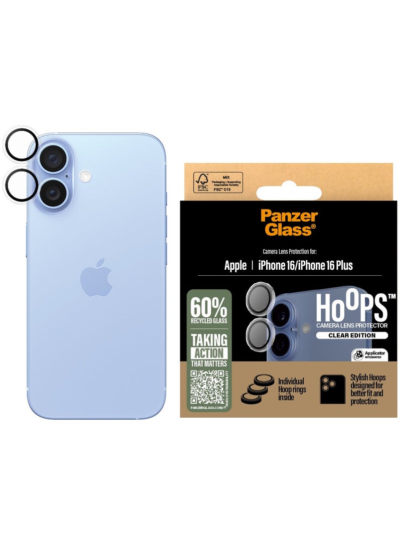 PanzerGlass حامي عدسة الكاميرا PanzerGlass® Hoops لجهاز Apple iPhone 16 | 16 Plus - حماية بأناقة، مقاوم للخدوش، مقاوم للصدمات، شفاف - مع مساعدة في التركيب لتسهيل التثبيت - Image 1
