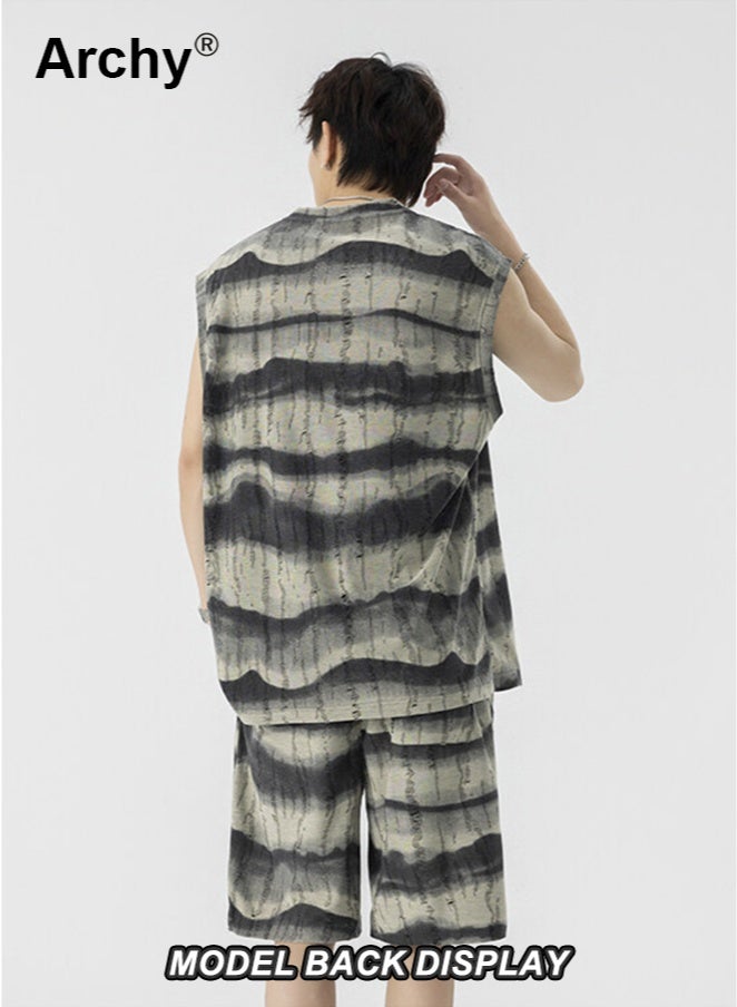 أرشي طقم صيفي رجالي من قطعتين بتصميم صبغ التعادل - سترة رياضية كاجوال مخططة بدون أكمام وشورت بخمس نقاط للمراهقين | طقم منسق بنمط الشارع الكلاسيكي - Image 2