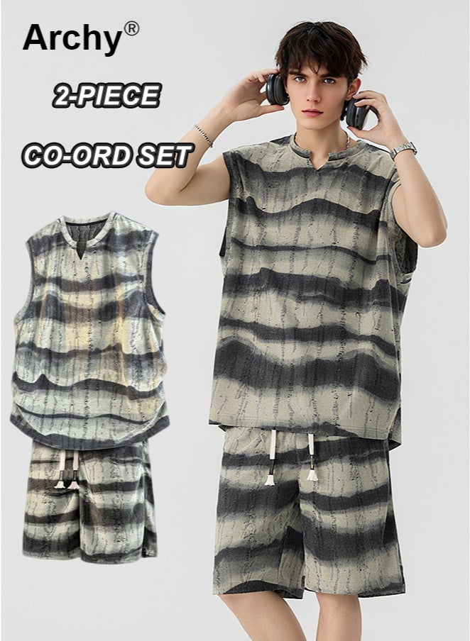 أرشي طقم صيفي رجالي من قطعتين بتصميم صبغ التعادل - سترة رياضية كاجوال مخططة بدون أكمام وشورت بخمس نقاط للمراهقين | طقم منسق بنمط الشارع الكلاسيكي - Image 1