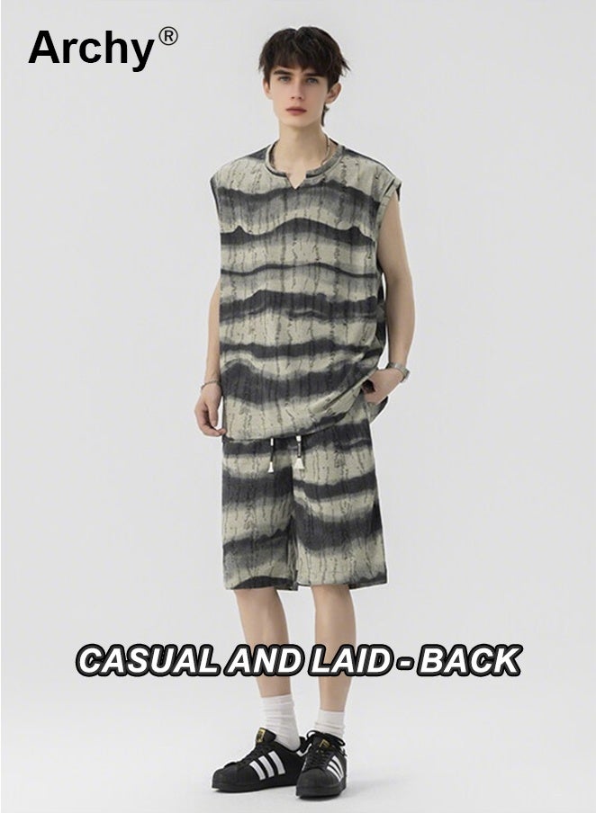 Archy Men's Summer Tie-Dye 2-Piece Set - Teen Sports Casual Striped Sleeveless Vest & 5-Point Shorts | Retro Street Style Co-Ord Set - Image 5