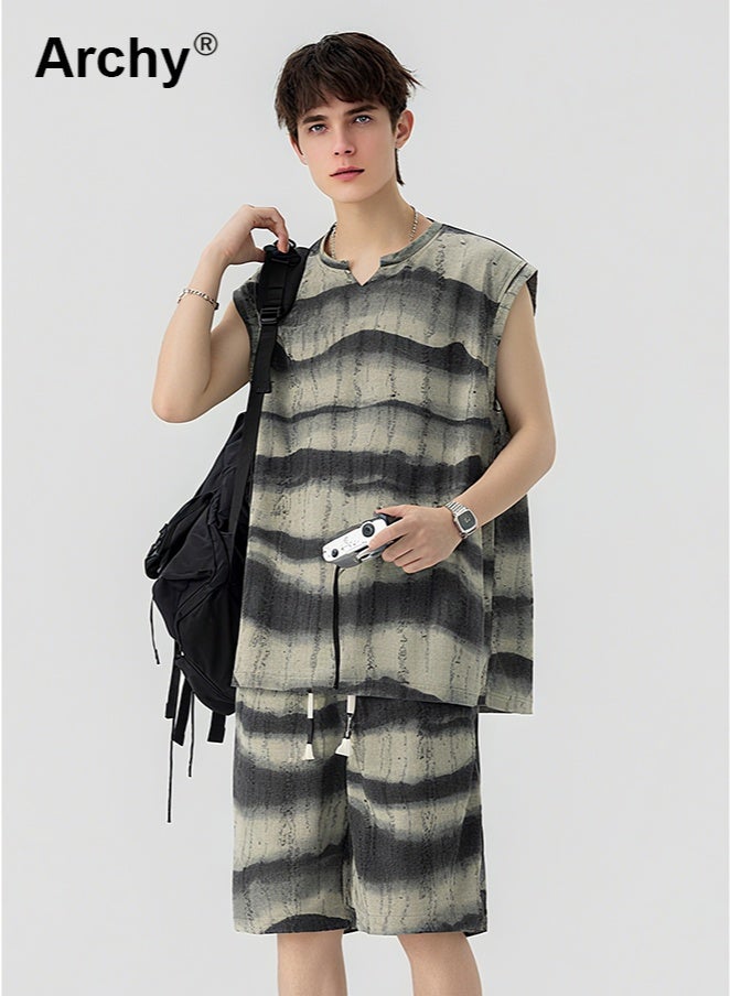 Archy Men's Summer Tie-Dye 2-Piece Set - Teen Sports Casual Striped Sleeveless Vest & 5-Point Shorts | Retro Street Style Co-Ord Set - Image 4