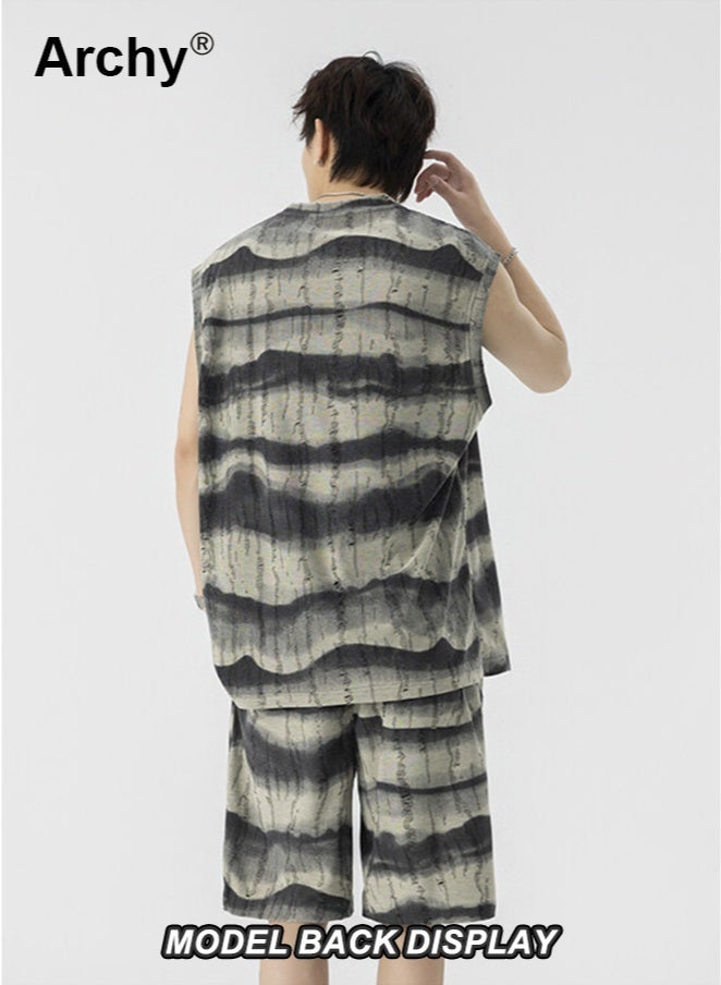 Archy Men's Summer Tie-Dye 2-Piece Set - Teen Sports Casual Striped Sleeveless Vest & 5-Point Shorts | Retro Street Style Co-Ord Set - Image 3