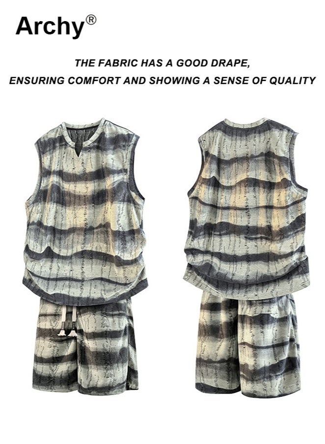 Archy Men's Summer Tie-Dye 2-Piece Set - Teen Sports Casual Striped Sleeveless Vest & 5-Point Shorts | Retro Street Style Co-Ord Set - Image 1