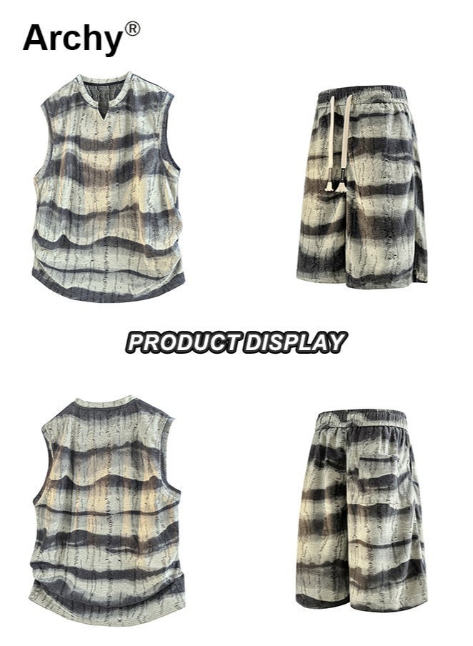 Archy Men's Summer Tie-Dye 2-Piece Set - Teen Sports Casual Striped Sleeveless Vest & 5-Point Shorts | Retro Street Style Co-Ord Set - Image 5