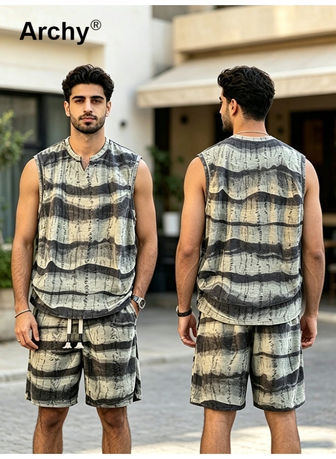 Archy Men's Summer Tie-Dye 2-Piece Set - Teen Sports Casual Striped Sleeveless Vest & 5-Point Shorts | Retro Street Style Co-Ord Set - Image 2