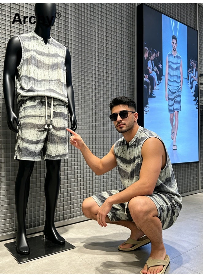 Archy Men's Summer Tie-Dye 2-Piece Set - Teen Sports Casual Striped Sleeveless Vest & 5-Point Shorts | Retro Street Style Co-Ord Set - Image 1
