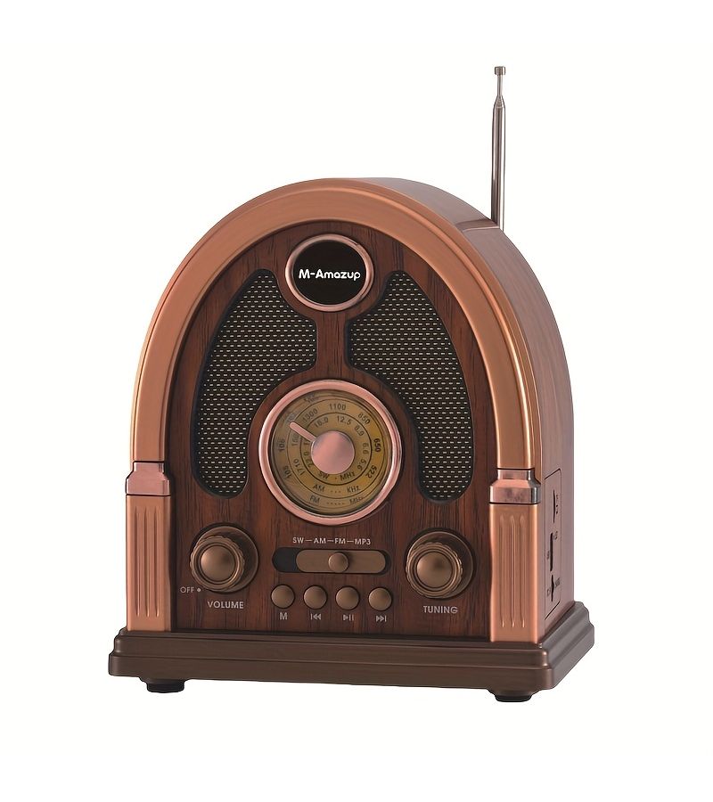راديو ستيريو لاسلكي أصفر رجعي بحبيبات الخشب مع نطاقات AM FM SW وإقران TWS وتشغيل USB وبطاقة TF ومقابض مضيئة للاستخدام المنزلي والخارجي - Image 1