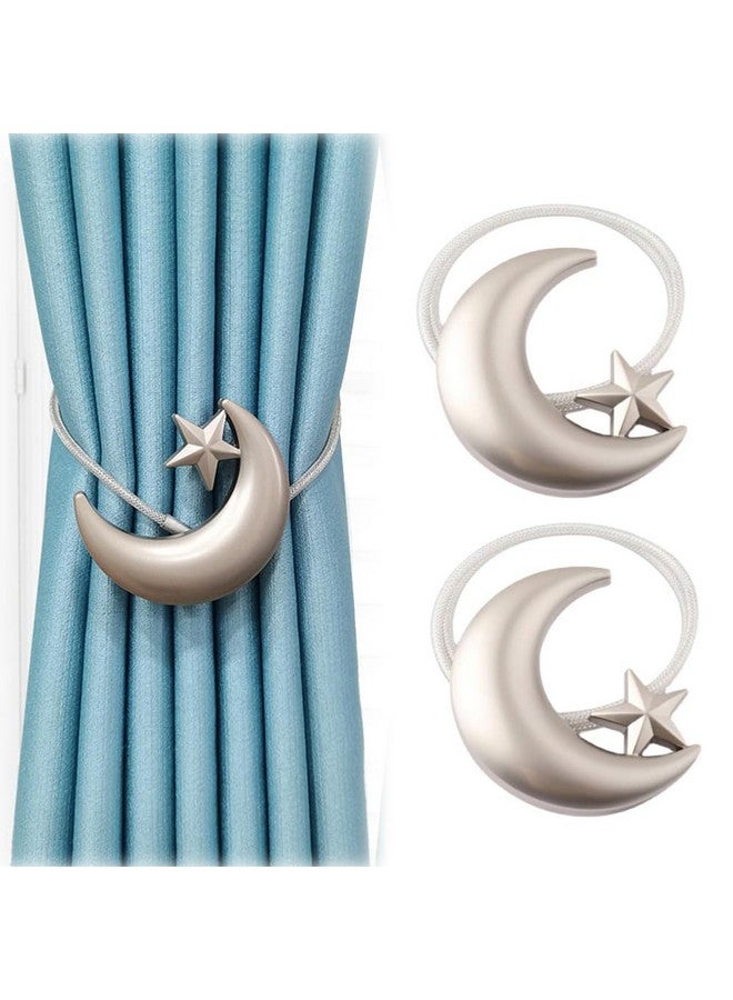 JINDIN Magnetic Curtain Tiebacks, Star Moon Curtain Tie Back 2 Pack, Moon Star Curtain Holdbacks, Magnetic Weave Rope Curtain Buckle Hooks Clip for Home Office Decorative Curtain (Silver) - Image 1