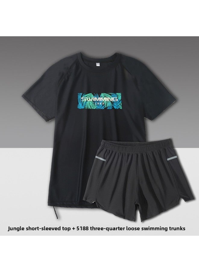 Loquat Men's Anti-embarrassment Loose Swimming Trunks High Waist Plus Size Plus Size Plus Size Fat Man Full Lining Double Layer Swimsuit-Color:3316 Black Short Sleeve +5188 Black Loose Three-point Swimming - Image 1