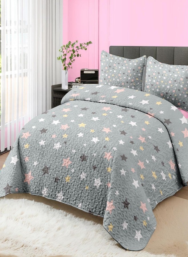 Pamnest Quilt Set Twin Size, Multicolor Stars 2 Pcs Soft Bed Cover Bedding Set for Kids and Adults, Colorful Pink Gray Lightweight Bedspread Coverlet with Pillow Sham for All Season - Image 2