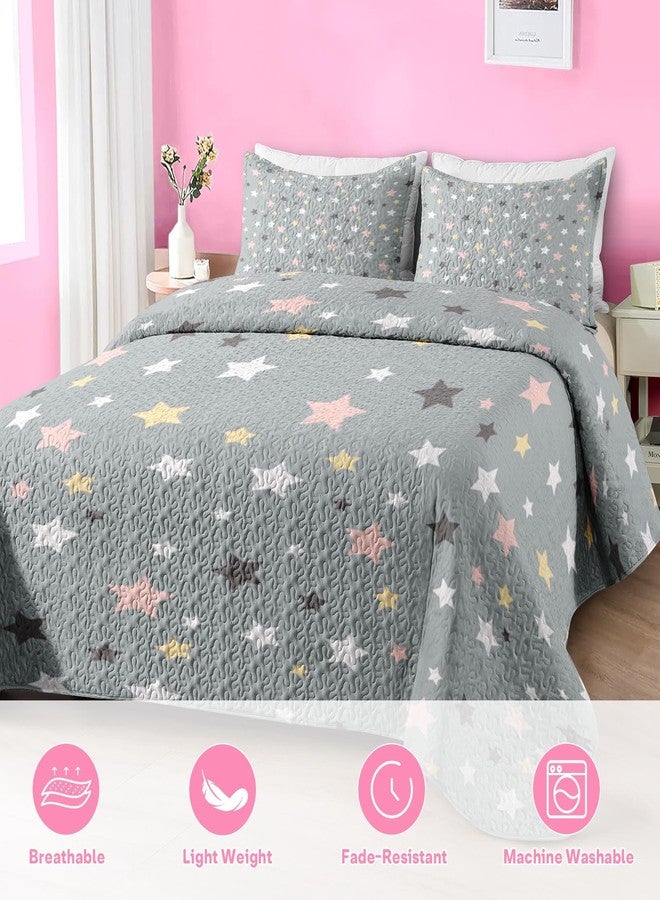Pamnest Quilt Set Twin Size, Multicolor Stars 2 Pcs Soft Bed Cover Bedding Set for Kids and Adults, Colorful Pink Gray Lightweight Bedspread Coverlet with Pillow Sham for All Season - Image 4