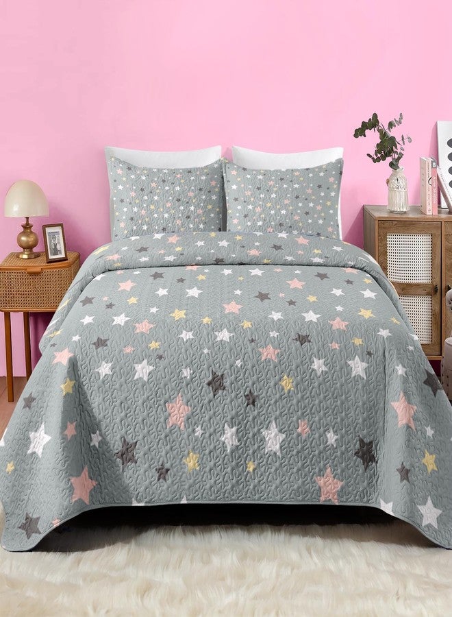 Pamnest Quilt Set Twin Size, Multicolor Stars 2 Pcs Soft Bed Cover Bedding Set for Kids and Adults, Colorful Pink Gray Lightweight Bedspread Coverlet with Pillow Sham for All Season - Image 1