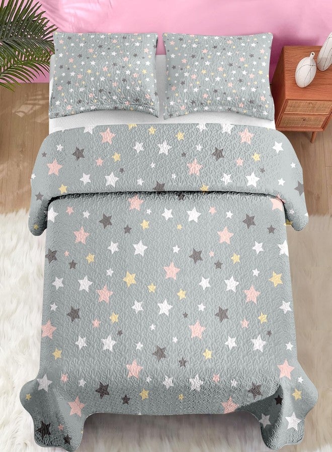 Pamnest Quilt Set Twin Size, Multicolor Stars 2 Pcs Soft Bed Cover Bedding Set for Kids and Adults, Colorful Pink Gray Lightweight Bedspread Coverlet with Pillow Sham for All Season - Image 3
