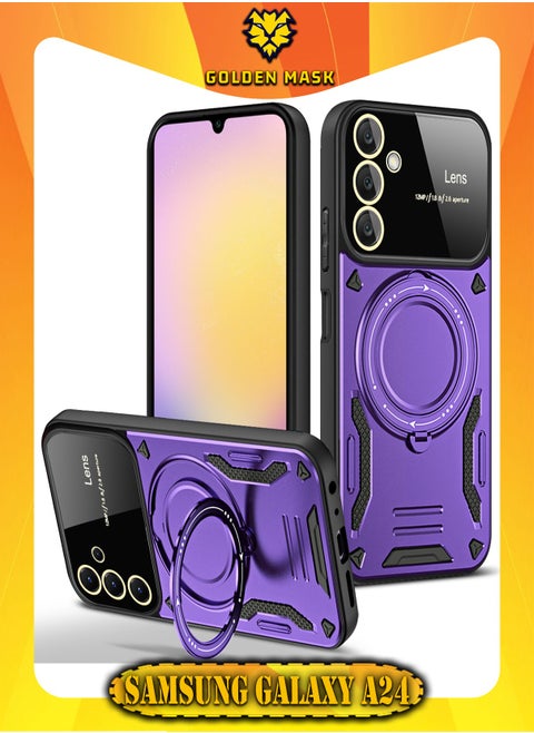 جولدن ماسك لهاتف سامسونج جالاكسي اية 24 4جي/اية 25 (Samsung Galaxy A24 4G/A25) جراب حماية عدسات كاميرات الموبايل مع حلقة مغناطيسية تدعم الشحن اللاسلكي  - (بنفسجى)