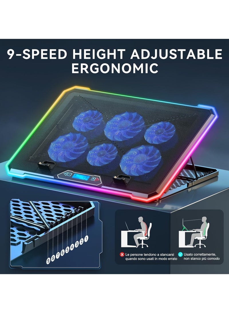 وسادة تبريد RGB لأجهزة الكمبيوتر المحمولة، مروحة تبريد للكمبيوتر المحمول مع 6 هادئة لأجهزة الكمبيوتر المحمولة من 15.6 إلى 17.3 بوصة، 9 ارتفاعات، أضواء LED وشاشة LCD، 2 منفذ USB، استخدام على الطاولة - Image 5
