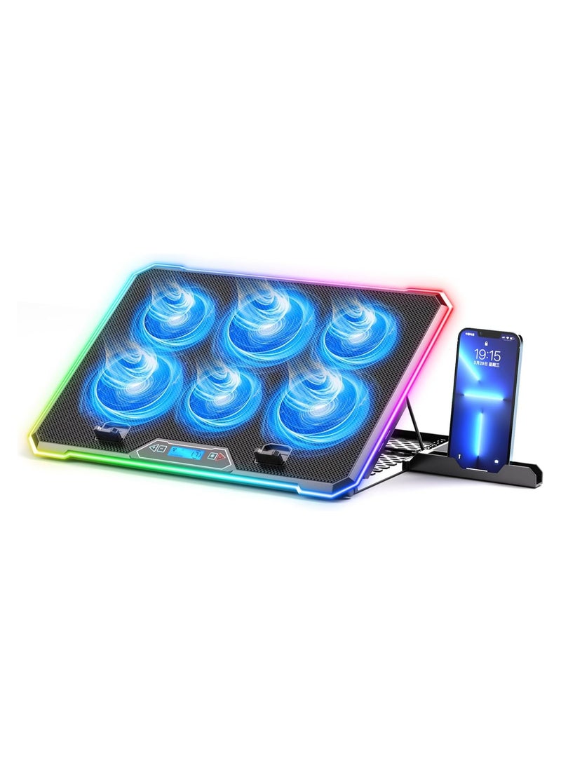 وسادة تبريد RGB لأجهزة الكمبيوتر المحمولة، مروحة تبريد للكمبيوتر المحمول مع 6 هادئة لأجهزة الكمبيوتر المحمولة من 15.6 إلى 17.3 بوصة، 9 ارتفاعات، أضواء LED وشاشة LCD، 2 منفذ USB، استخدام على الطاولة - Image 1