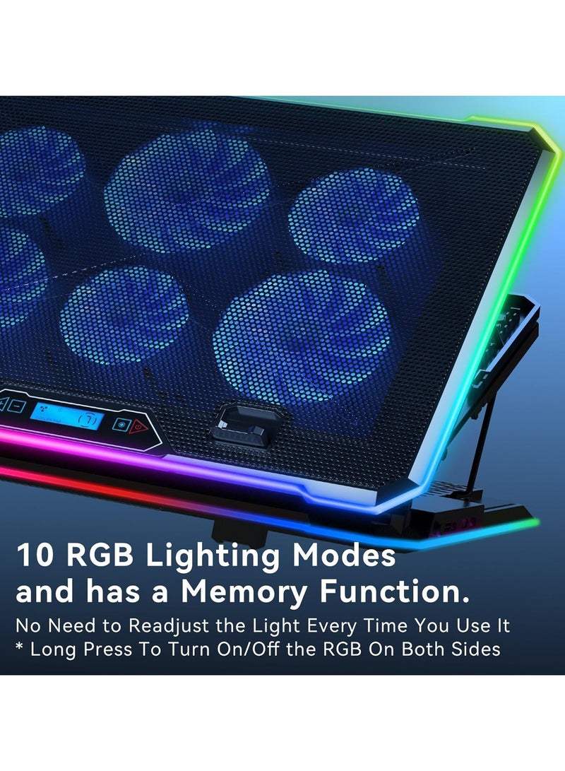 وسادة تبريد RGB لأجهزة الكمبيوتر المحمولة، مروحة تبريد للكمبيوتر المحمول مع 6 هادئة لأجهزة الكمبيوتر المحمولة من 15.6 إلى 17.3 بوصة، 9 ارتفاعات، أضواء LED وشاشة LCD، 2 منفذ USB، استخدام على الطاولة - Image 3
