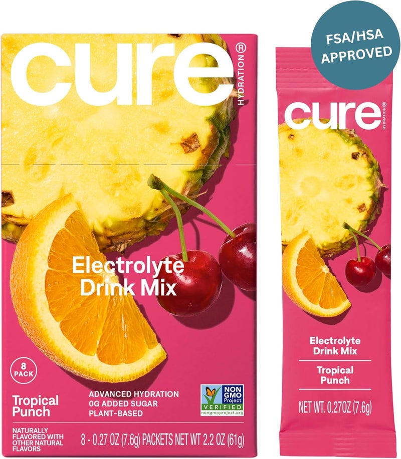 Cure Hydration مشروب الكتروليت النباتي من كيور هيدرايشن - مسحوق تخفيف الجفاف بدون سكر مضاف مصنوع من ماء جوز الهند - غير معدل وراثيًا - نباتي - علبة تحتوي على 8 أكياس - نكهة الفواكه الاستوائية - Image 1