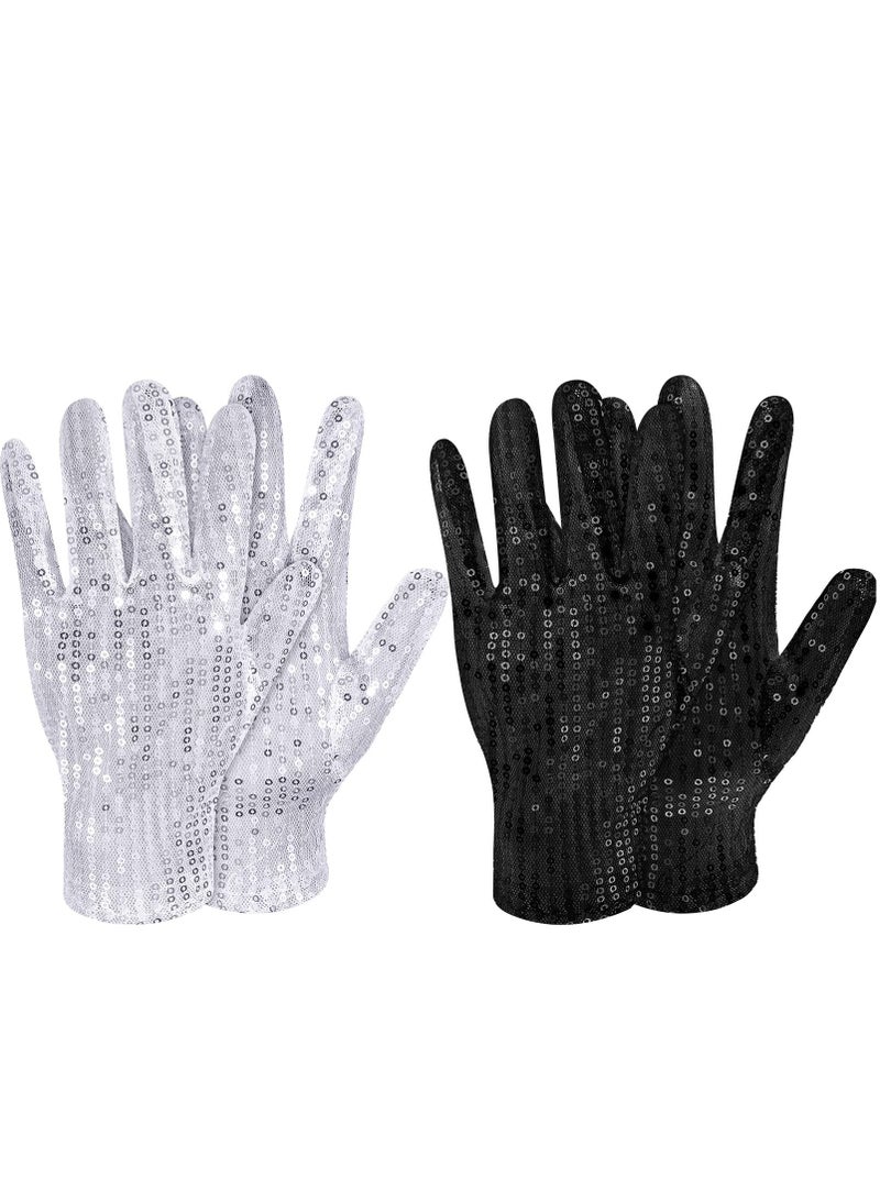 SYOSI SYOSI 2 Pairs Sequin Glove, Sequins Short Gloves Dance Gloves Black Silver Glitter Gloves for Party Dance Dressing Accessory  - Image 1