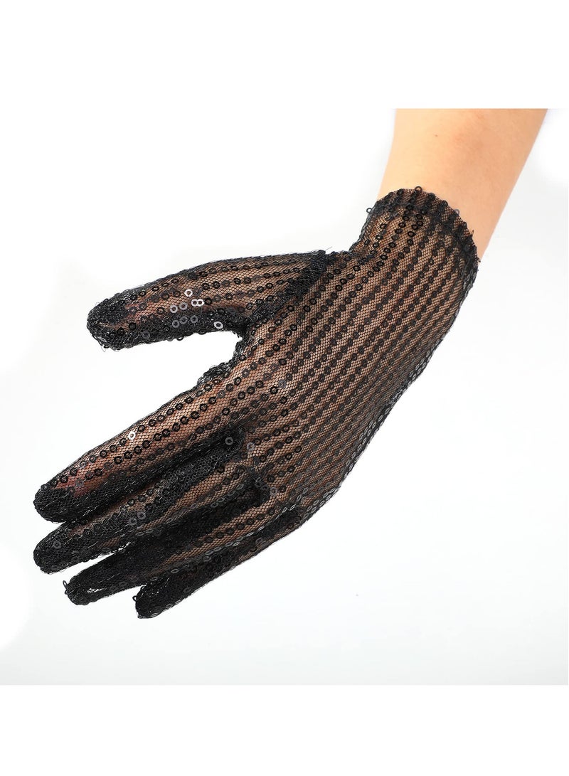 SYOSI SYOSI 2 Pairs Sequin Glove, Sequins Short Gloves Dance Gloves Black Silver Glitter Gloves for Party Dance Dressing Accessory  - Image 4