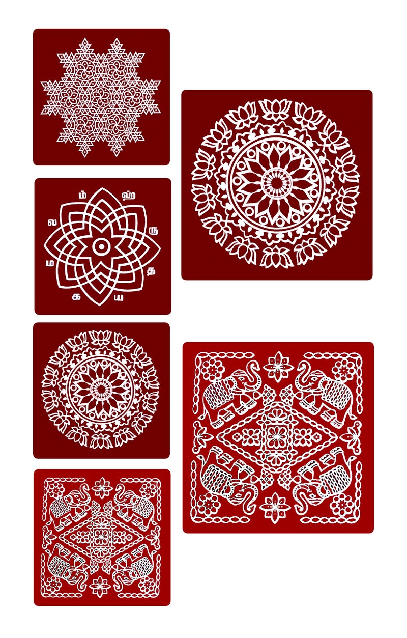 ABS HERBALS : Rangoli/Kolam Sticker – Traditional Handmade Kolam Art/Design Sticker for : Pooja Room, Home Entrance, Tile, Floor, (Meroon- MS4P MM2P, Size:10x10, 7x7 Inch Pack of 6) - Image 4