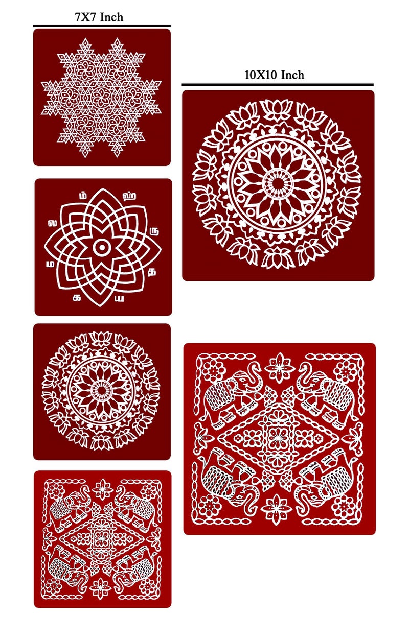 ABS HERBALS : Rangoli/Kolam Sticker – Traditional Handmade Kolam Art/Design Sticker for : Pooja Room, Home Entrance, Tile, Floor, (Meroon- MS4P MM2P, Size:10x10, 7x7 Inch Pack of 6) - Image 2