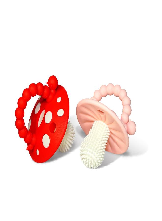 RaZbaby Soft Silicone Infant & Baby 3M+ Teether Toy Massaging Bristles Teething Relief Pacifier - Soothes Sore Gums - Hands-Free & Easy-to-Hold Chompy Teether, BPA Free (RED/Pink) - Image 1