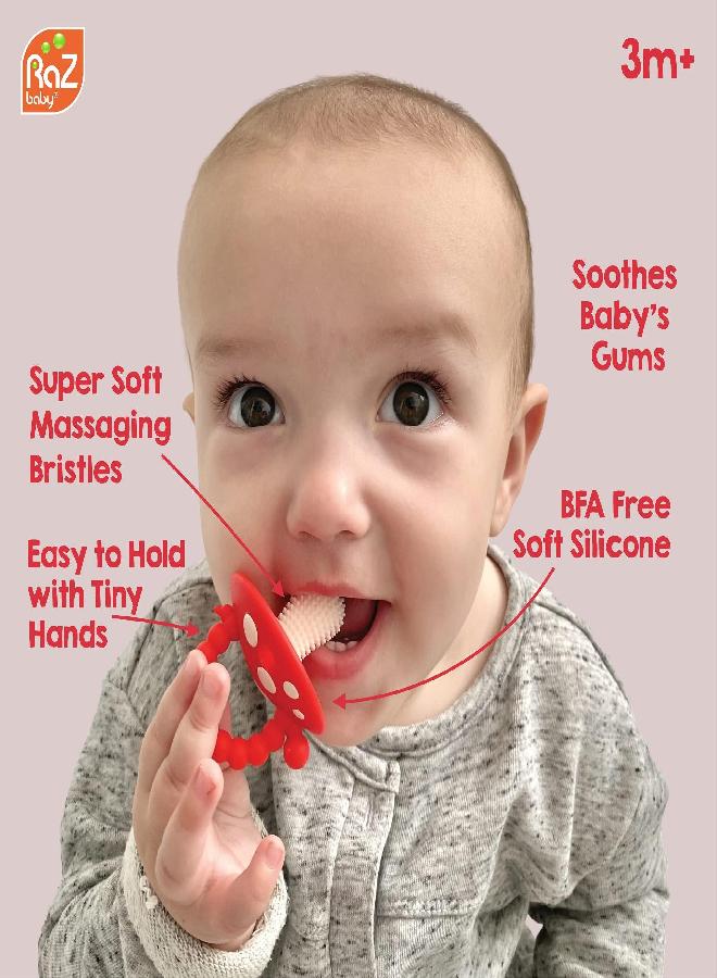 RaZbaby Soft Silicone Infant & Baby 3M+ Teether Toy Massaging Bristles Teething Relief Pacifier - Soothes Sore Gums - Hands-Free & Easy-to-Hold Chompy Teether, BPA Free (RED/Pink) - Image 4