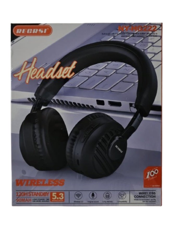 RECRSI NY-HG222 Wireless Bluetooth Over-Ear Headset with Hi-Fi Stereo Sound, Built-in Microphone, Foldable Design and Adjustable Headband – Black - Image 1