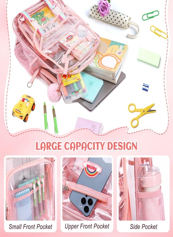 FIXITOK Clear Backpack for Girls School Stadium Approved, Heavy Duty See Through Backpack Cute Rainbow Transparent Book Bags with Clear Lunch Box for Kids Women School Work Festival Sport Travel Pink - Image 3