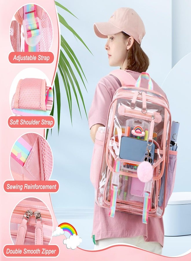 FIXITOK Clear Backpack for Girls School Stadium Approved, Heavy Duty See Through Backpack Cute Rainbow Transparent Book Bags with Clear Lunch Box for Kids Women School Work Festival Sport Travel Pink - Image 4