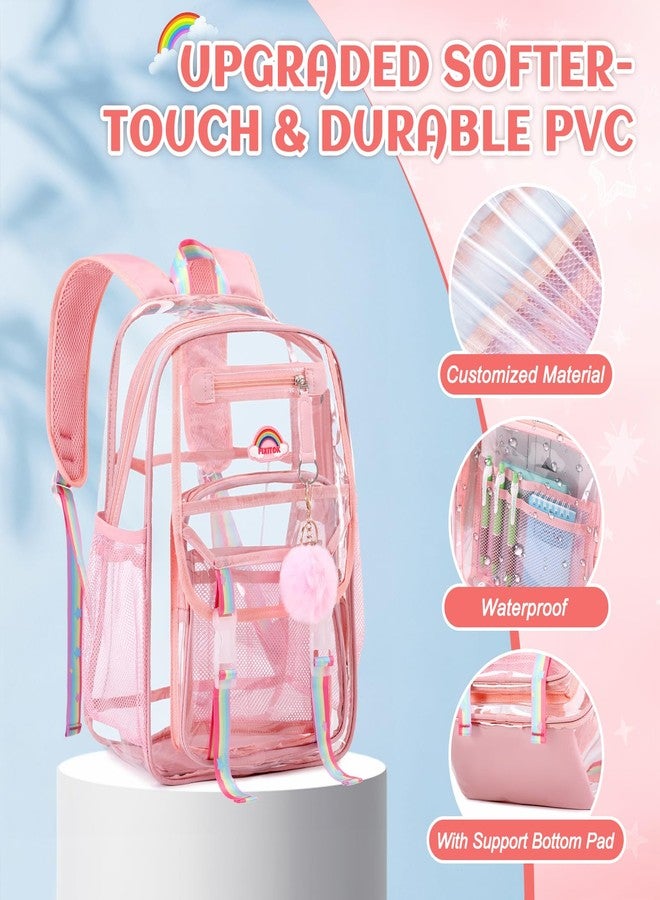 FIXITOK Clear Backpack for Girls School Stadium Approved, Heavy Duty See Through Backpack Cute Rainbow Transparent Book Bags with Clear Lunch Box for Kids Women School Work Festival Sport Travel Pink - Image 5