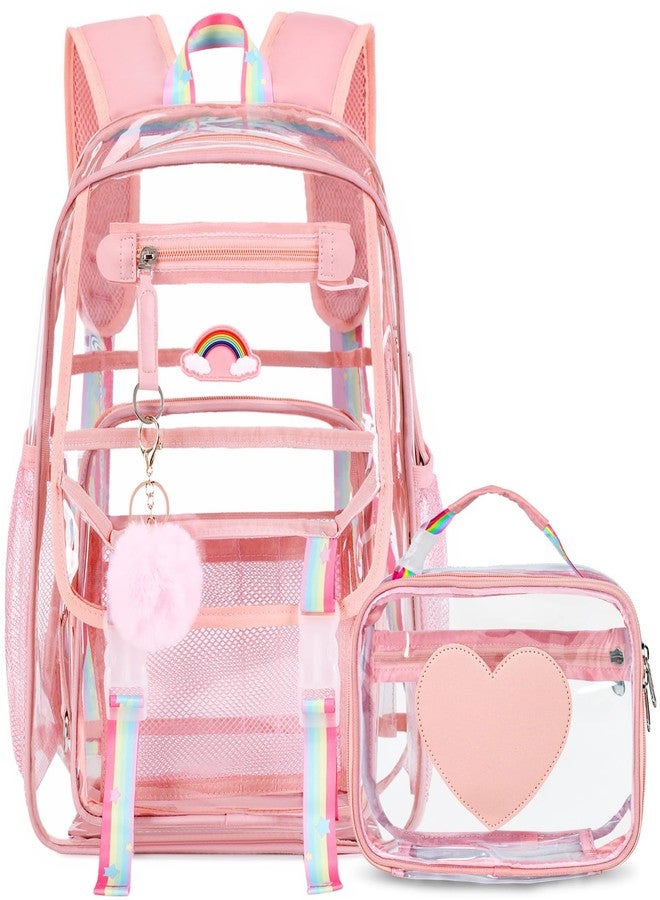 FIXITOK Clear Backpack for Girls School Stadium Approved, Heavy Duty See Through Backpack Cute Rainbow Transparent Book Bags with Clear Lunch Box for Kids Women School Work Festival Sport Travel Pink - Image 1