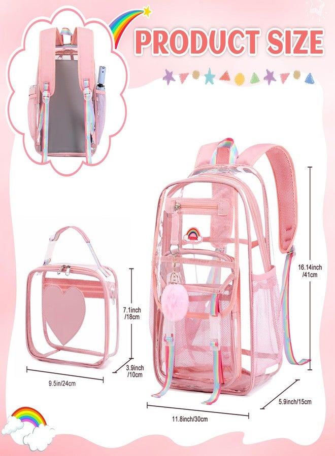 FIXITOK Clear Backpack for Girls School Stadium Approved, Heavy Duty See Through Backpack Cute Rainbow Transparent Book Bags with Clear Lunch Box for Kids Women School Work Festival Sport Travel Pink - Image 2