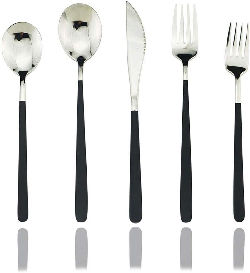 JASHII 20Piece SUS304 Stainless Steel Flatware Set Mirror Polished Black Silver Silverware Set Dinner Knife Fork Spoon Dessert Fork Salad Spoon Service for 4Black silver - Image 1