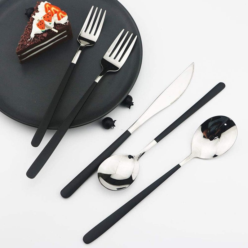 JASHII 20Piece SUS304 Stainless Steel Flatware Set Mirror Polished Black Silver Silverware Set Dinner Knife Fork Spoon Dessert Fork Salad Spoon Service for 4Black silver - Image 3