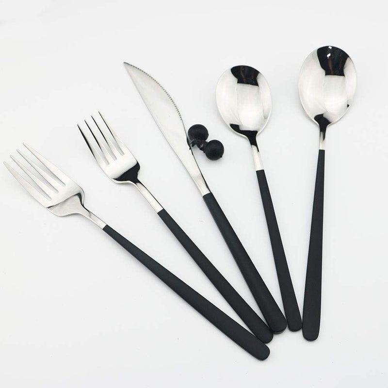 JASHII 20Piece SUS304 Stainless Steel Flatware Set Mirror Polished Black Silver Silverware Set Dinner Knife Fork Spoon Dessert Fork Salad Spoon Service for 4Black silver - Image 2