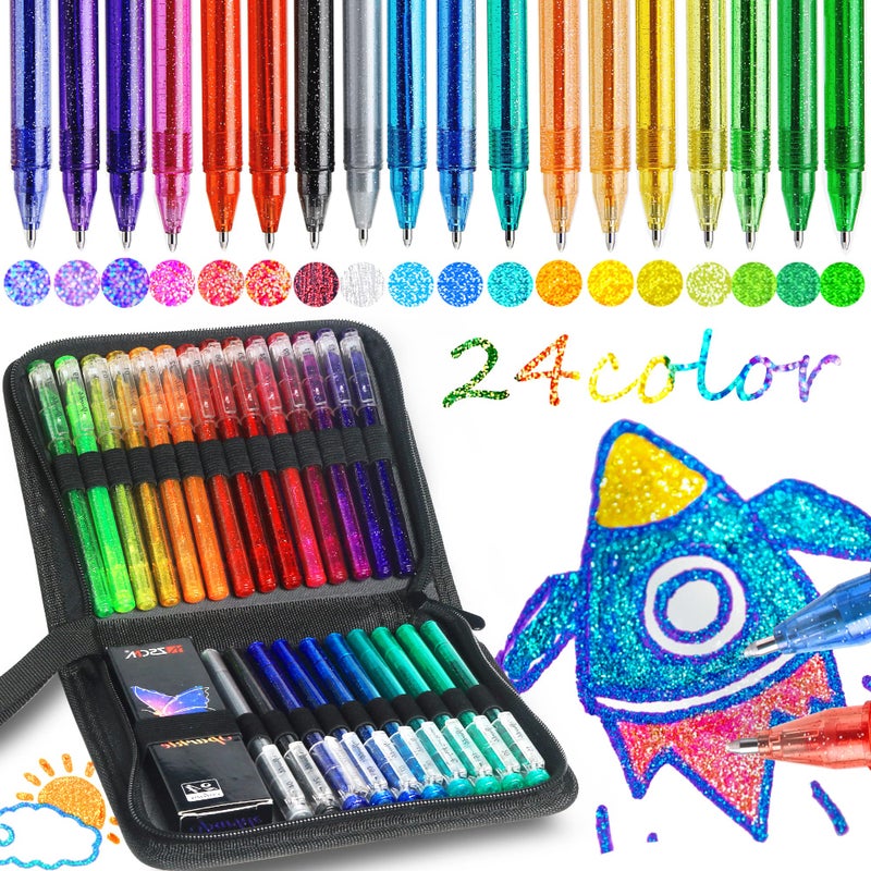 ZSCM QUALITY DECIDES THE FUTURE ZSCM 48 Pack Metallic Glitter Gel Pens Set, 24 Colors Sparkle Gel Pens with 24 Glitter Pen Refills in Canvas Bag for Adult Coloring Book Drawing Crafts Scrapbooks Journaling - Image 1