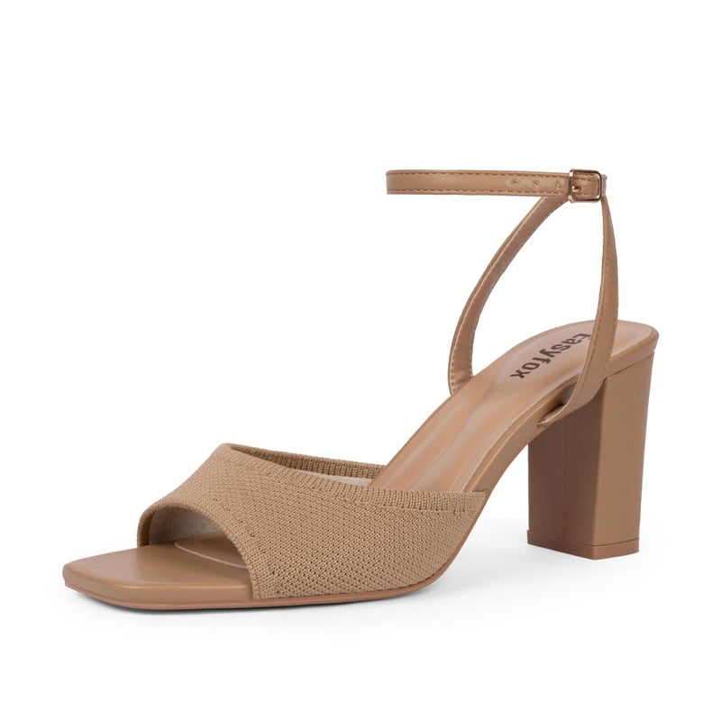 Easyfox Nude Sandals for Women Chunky Heel Nude Knit Heels Square Open Toe Strappy Heels Ankle Strap 3 Inch Dress Block High Heel Sandals Size 7 - Image 1