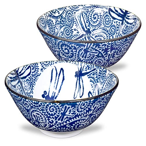 Mino Ware Japanese Rice Bowl, Rice Ramen Noodle Soup Sarada Pasta, Dragon Fly Design Chawn, 2.5 inch 8.4oz, Set of 2 - Image 1