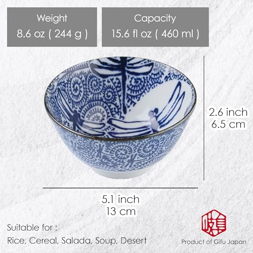 Mino Ware Japanese Rice Bowl, Rice Ramen Noodle Soup Sarada Pasta, Dragon Fly Design Chawn, 2.5 inch 8.4oz, Set of 2 - Image 3