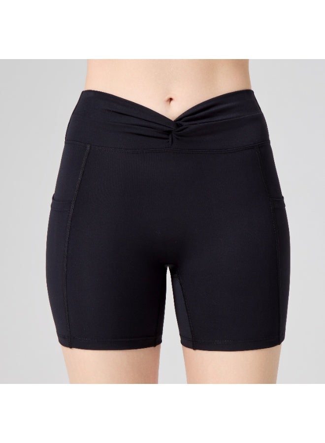 AMORXE Women’s High Waisted Yoga Shorts – Twist Waistband, Tummy Control Workout Shorts with Side Pockets for Gym Fitness Running – XLarge, Black - Image 1