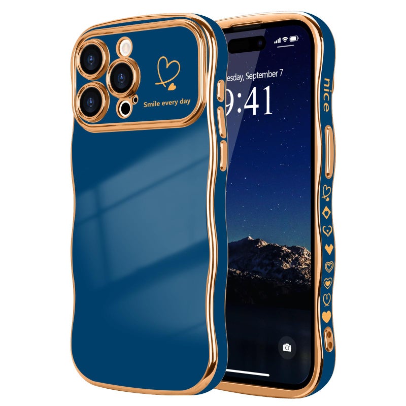 LCHULLE for iPhone 15 Pro Case for Women Girls Cute Wave Frame Curly Shape with Love Heart Pattern Raised Camera Protection Cover Luxury Plating Shockproof Phone Case for iPhone 15 Pro Navy Blue - Image 3