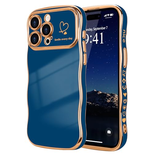 LCHULLE for iPhone 15 Pro Case for Women Girls Cute Wave Frame Curly Shape with Love Heart Pattern Raised Camera Protection Cover Luxury Plating Shockproof Phone Case for iPhone 15 Pro Navy Blue - Image 1