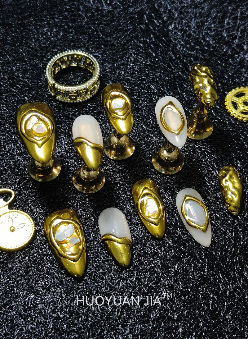 HUOYUAN JIA A Set of 10 Pieces Handmade Press On Nails,Reusable and Removable Almond Shaped Fake Nails,Comes with A Rubbing Strip and A Piece of Jelly Glue for Fashionable Women's Holiday Gifts,Fake Nail Set  - Image 1