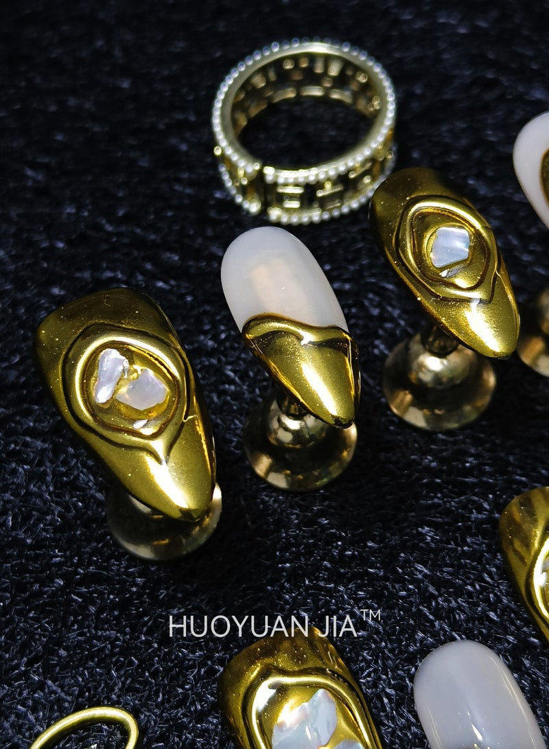 HUOYUAN JIA A Set of 10 Pieces Handmade Press On Nails,Reusable and Removable Almond Shaped Fake Nails,Comes with A Rubbing Strip and A Piece of Jelly Glue for Fashionable Women's Holiday Gifts,Fake Nail Set  - Image 5